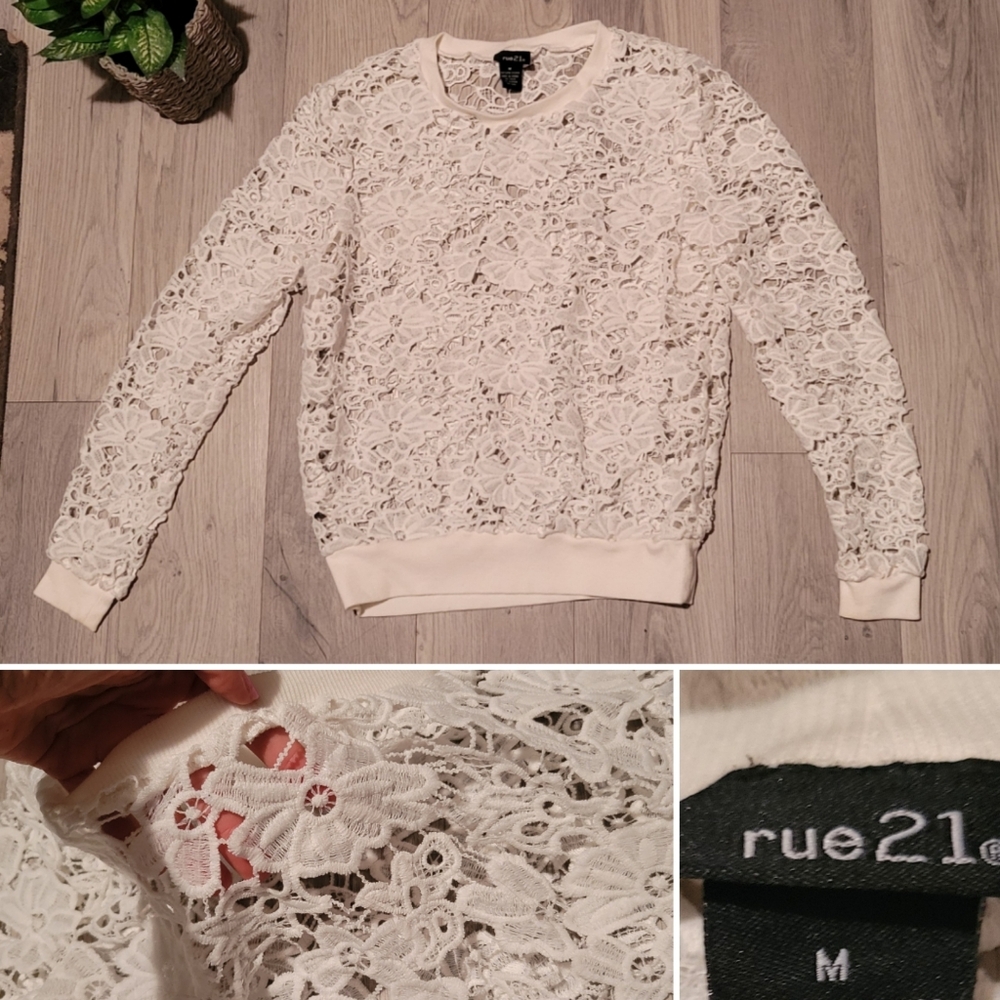 rue21 White Lace Jumper Sweater Long Sleeve Blouse, Women's Medium (M)